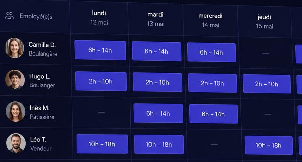 Grille de planning Lycalo avec les créneaux horaires de chaque salarié